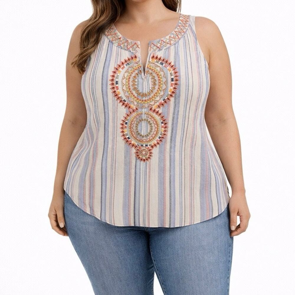 L Love Sz M 100% Cotton Striped Embroidered Neckline Sleeveless A Line Tank EUC